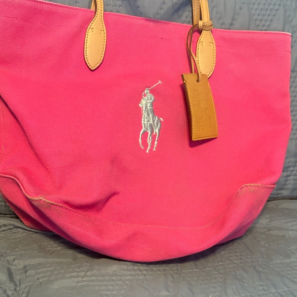 Polo by Ralph Lauren Fuchsia Canvas Tote with Tan Handles